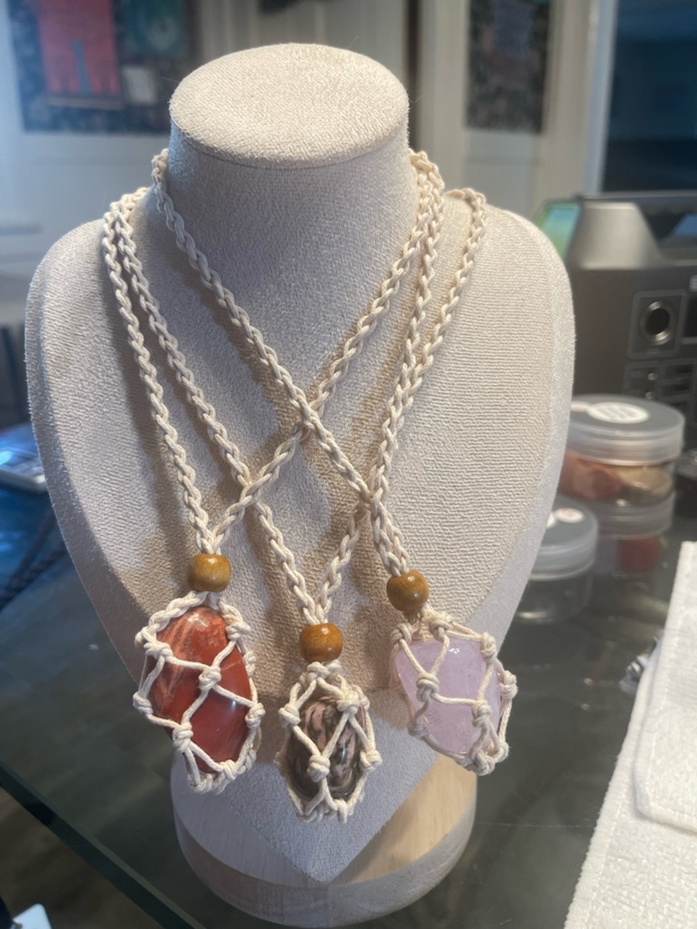Handmade Cream Macramé Necklace with Red Jasper, amethyst and Rhodonite Stones